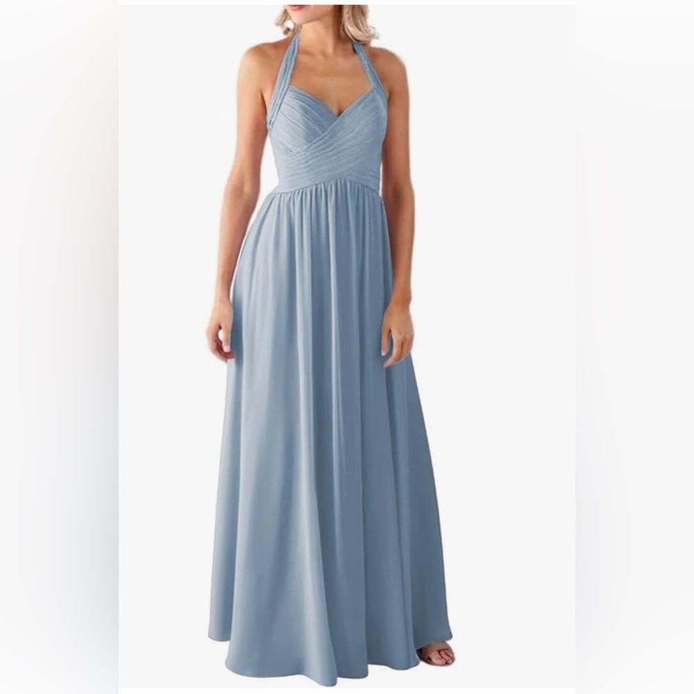 Azazie Blue Pleated Halter Maxi Dress